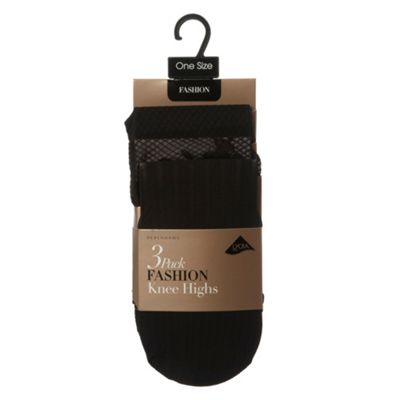Pack of three black lace pattern knee highs